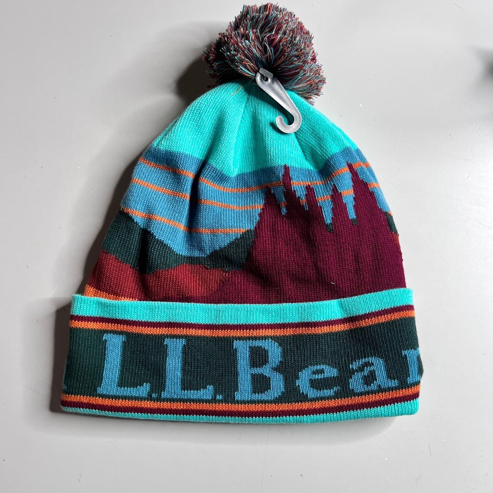 LL Bean Katahdin Pom Graphic Hat Beanie Teal Green Mountain 517957 OSFA NEW
